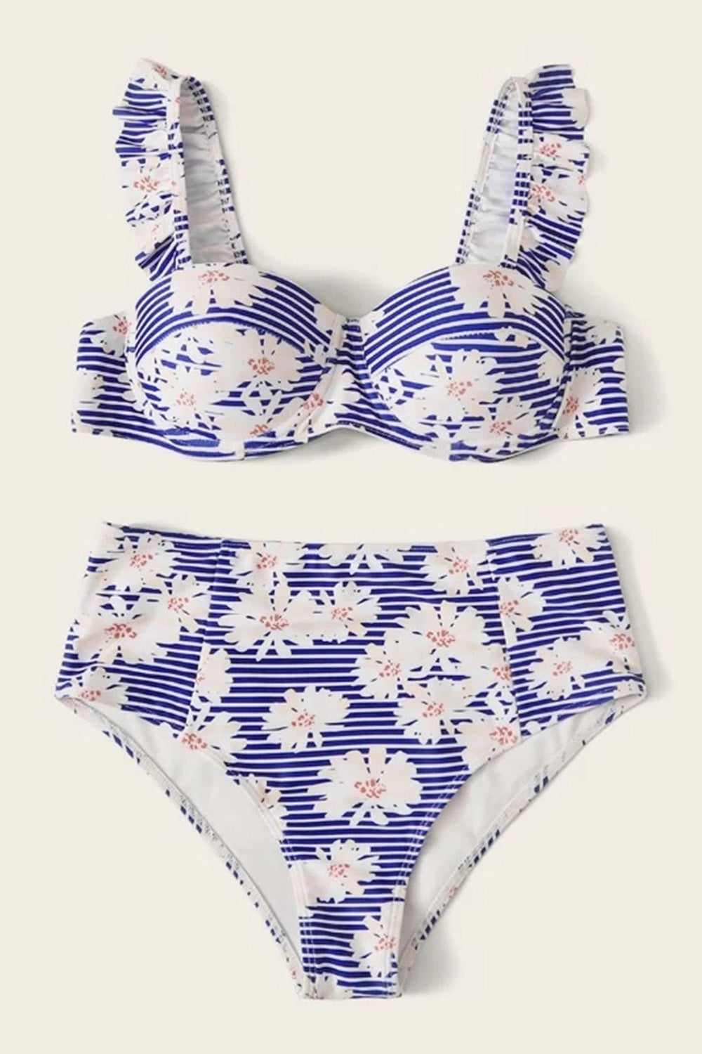 Levoire | Motif floral et rayures, maillot de bain bikini avec volant et sous-fil