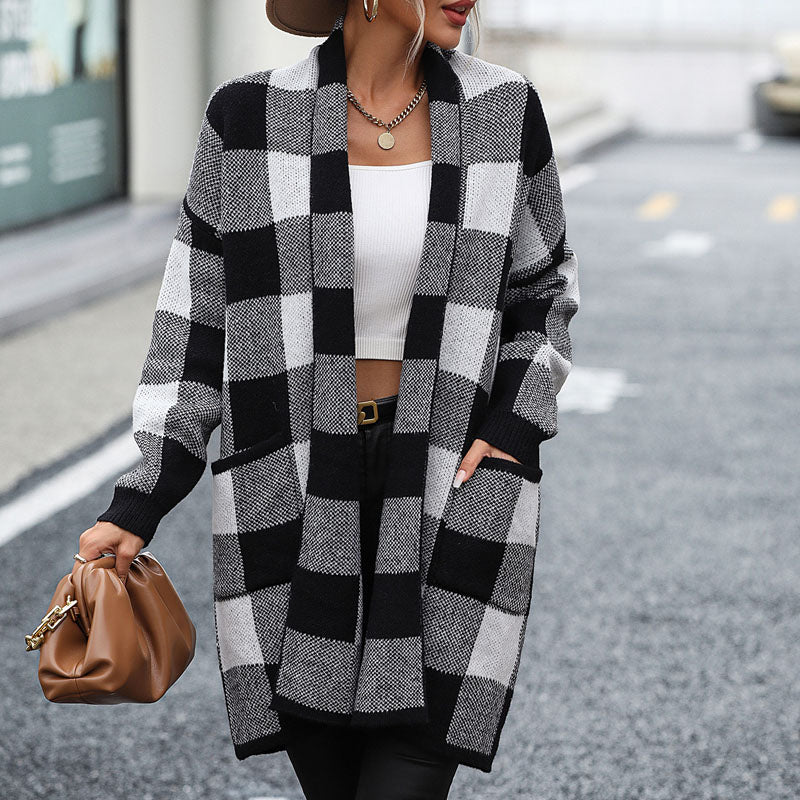 Levoire | Gilet Décontracté Femme Long Avec Motif À Carreaux Noir