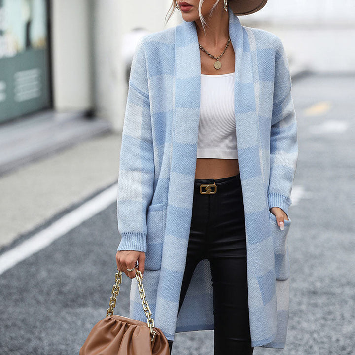 Levoire | Gilet Décontracté Femme Long Avec Motif À Carreaux