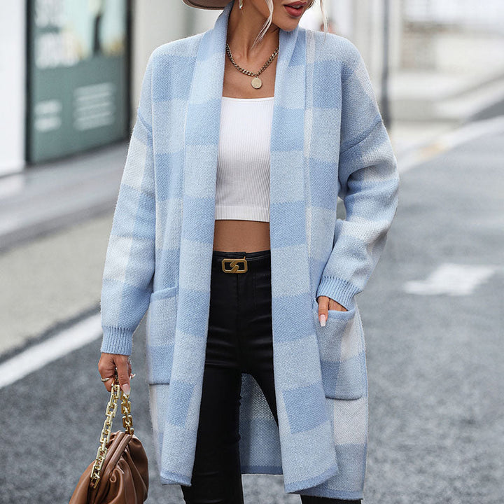 Levoire | Gilet Décontracté Femme Long Avec Motif À Carreaux Bleu