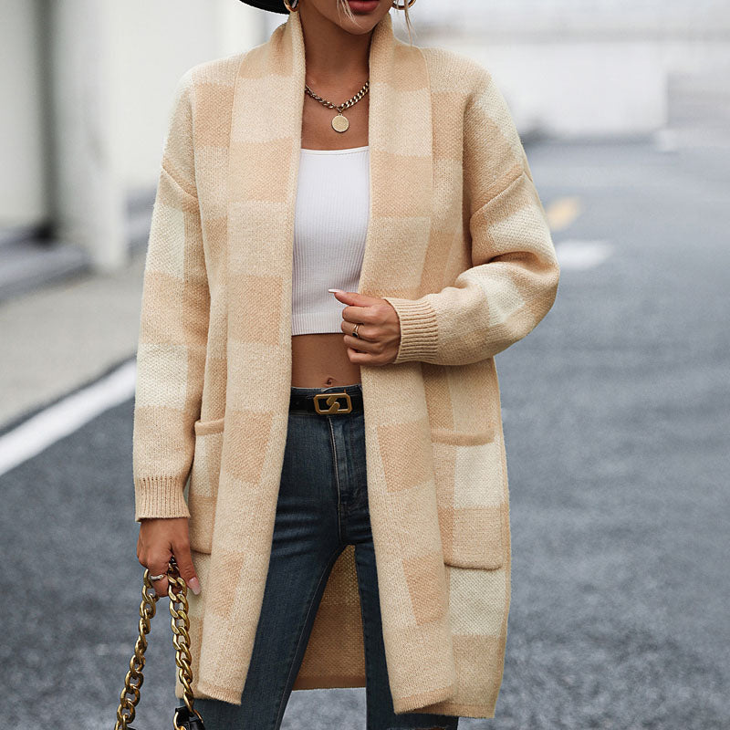 Levoire | Gilet Décontracté Femme Long Avec Motif À Carreaux Abricot