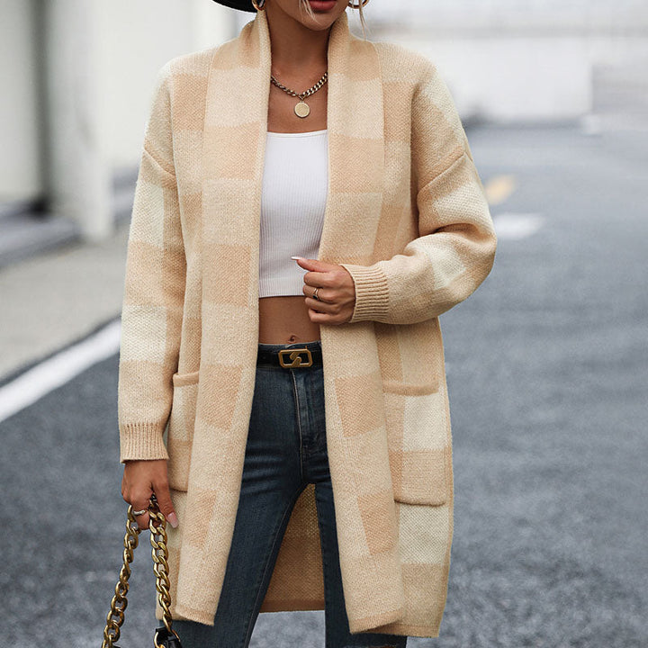 Levoire | Gilet Décontracté Femme Long Avec Motif À Carreaux Abricot
