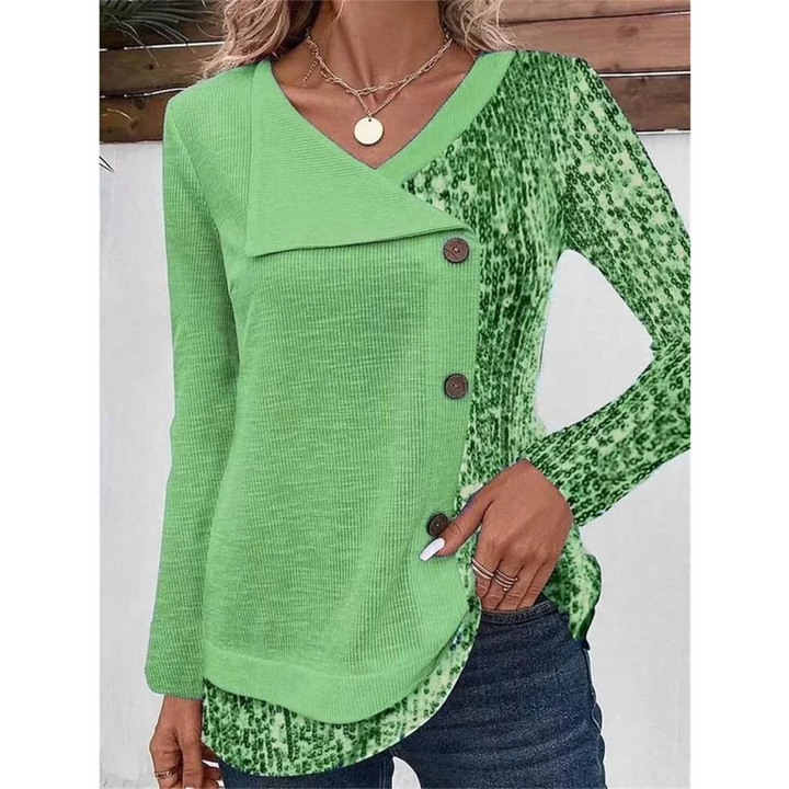 Levoire | Chemise À Col En V Imprimée Avec Bouton Pour Femmes À Manches Longues Vert