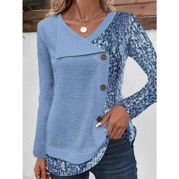 Levoire | Chemise À Col En V Imprimée Avec Bouton Pour Femmes À Manches Longues Bleu