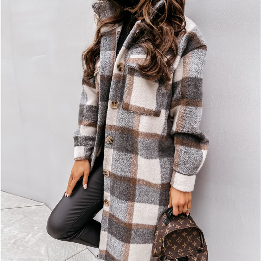 Levoire - Manteau long à carreaux pour femmes nouvelle collection automne 2025 Beige--Gris