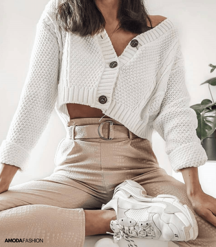 Levoire | Veste En Tricot En Laine Confortable Avec Poignets Côtelés Et Patte De Boutonnage Pour Femmes Blanc