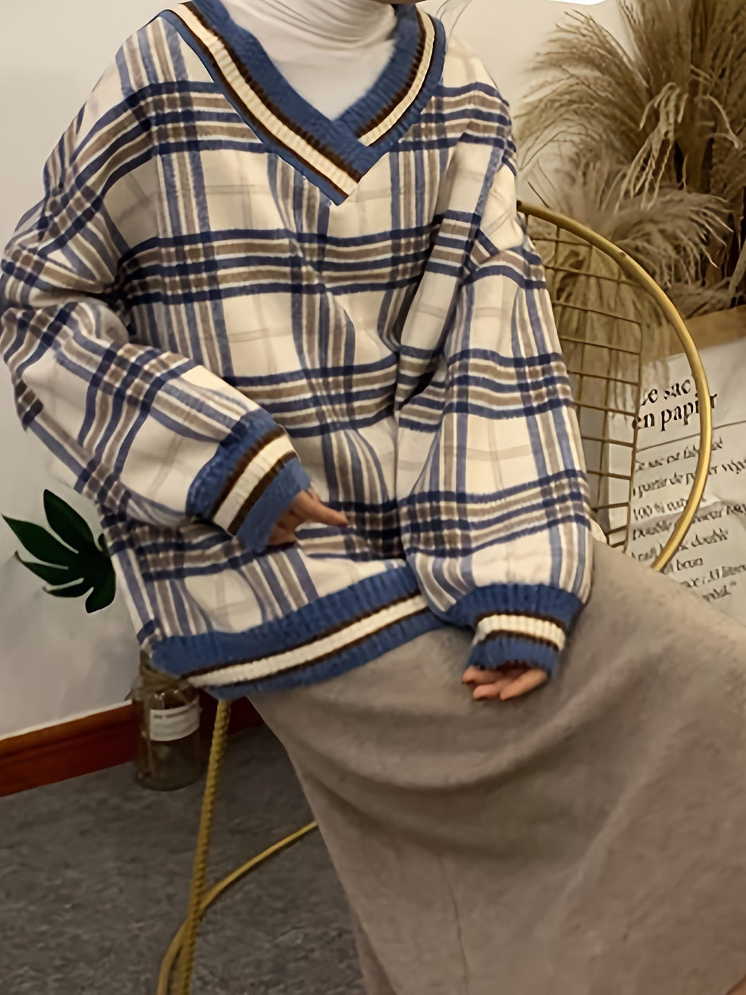 Levoire | Grande Taille Pull À Carreaux Avec Décolleté En V Pour Femmes Bleu Une taille