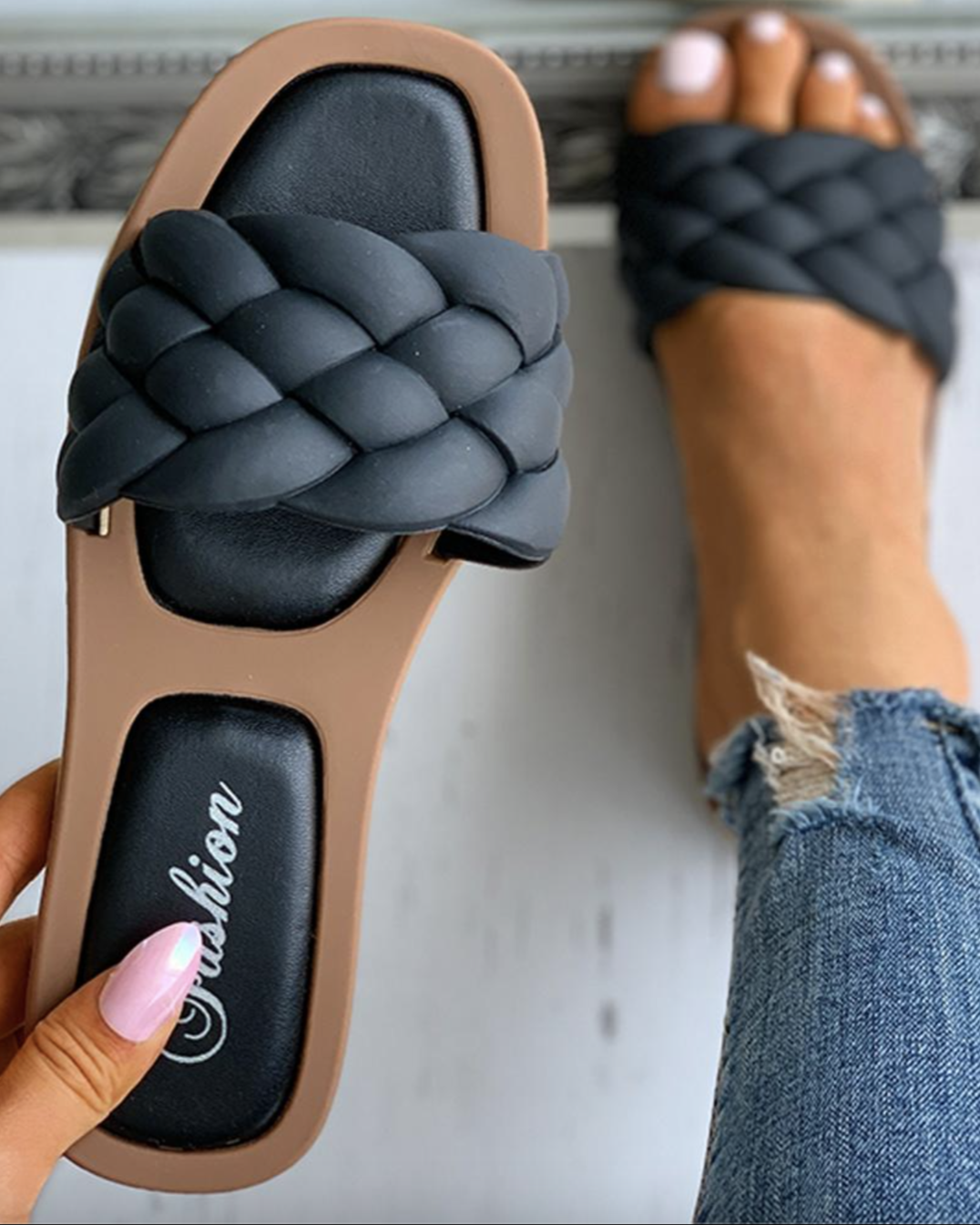 Levoire | Sandales À Enfiler Tressées Avec Semelle Rembourrée Pour Femmes Noir