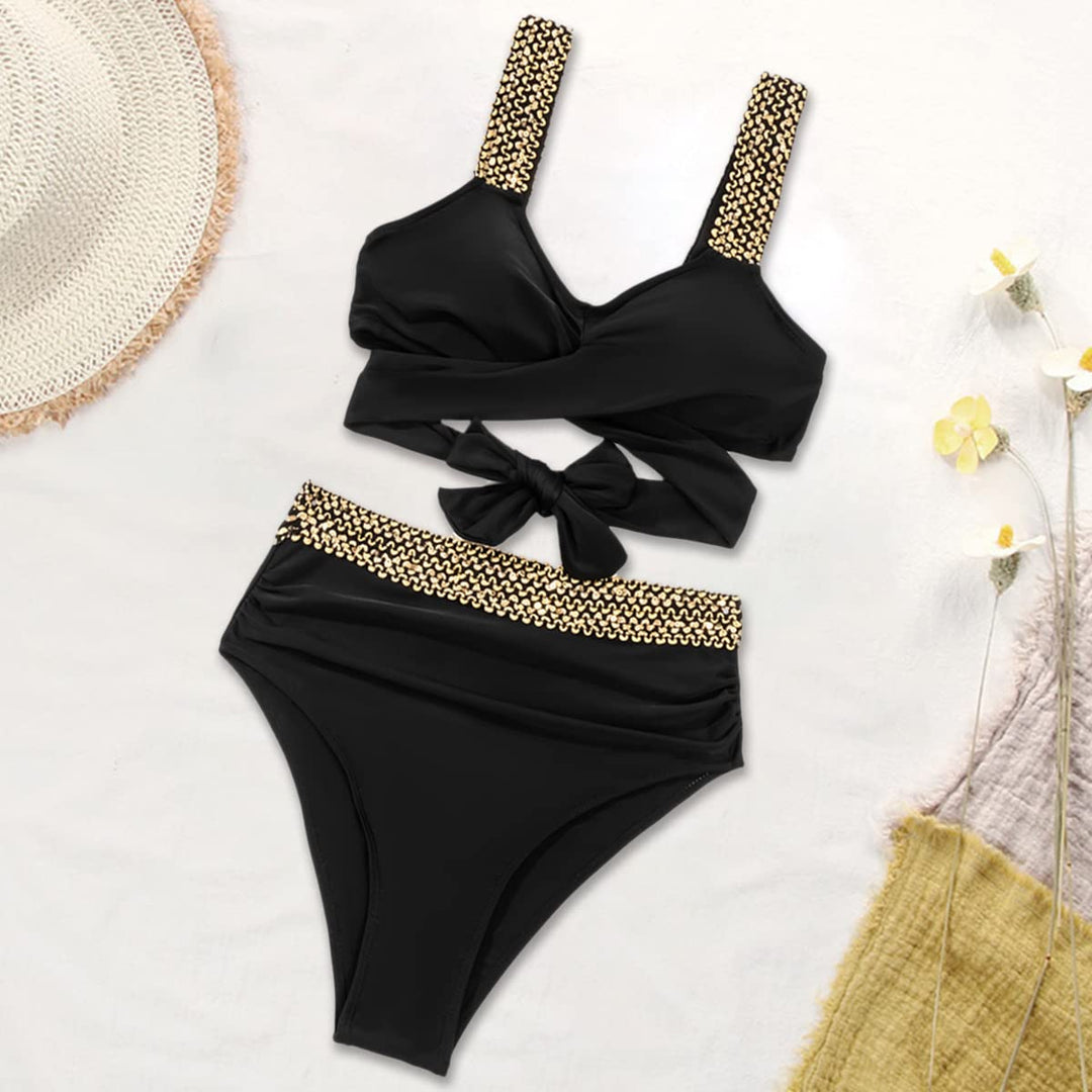 Levoire | Bikini Doré Avec Bretelles Croisées Et Taille Haute