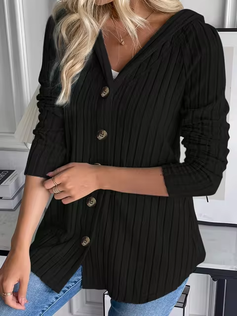 Levoire | Pull À Capuche En Rib Avec Patte De Boutonnage Noir