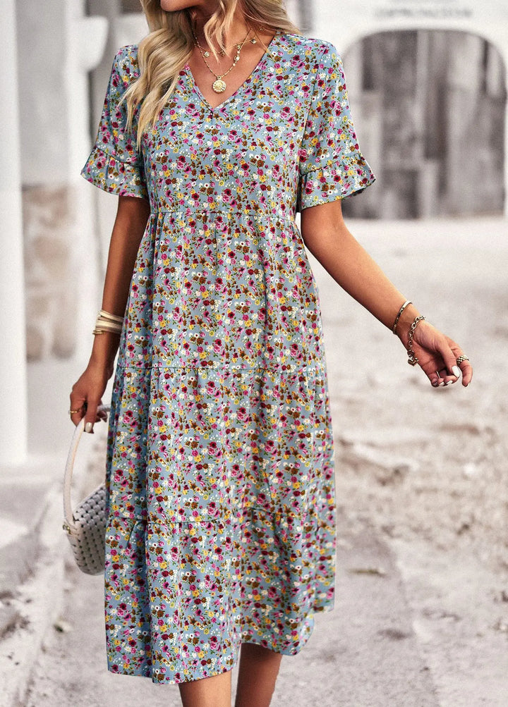 Levoire | Robe Imprimée À Manches Courtes Et Décolleté En V En Tissu Léger Bleu clair