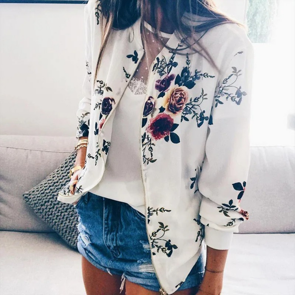 Levoire | Veste D'Été Avec Motif Floral Et Fermeture Éclair Pour Femmes Blanc