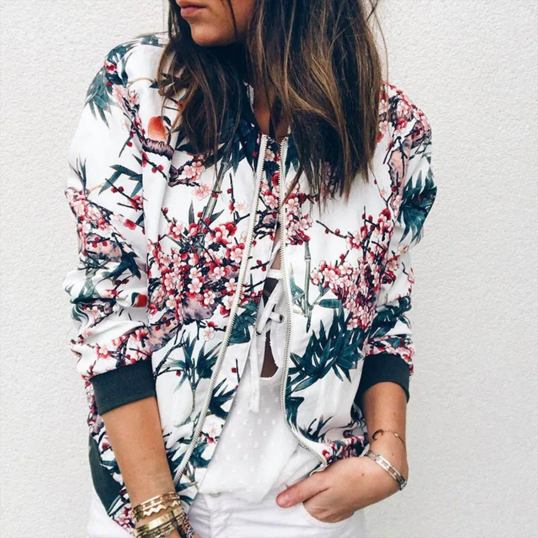 Levoire | Veste D'Été Avec Motif Floral Et Fermeture Éclair Pour Femmes Vert-Blanc