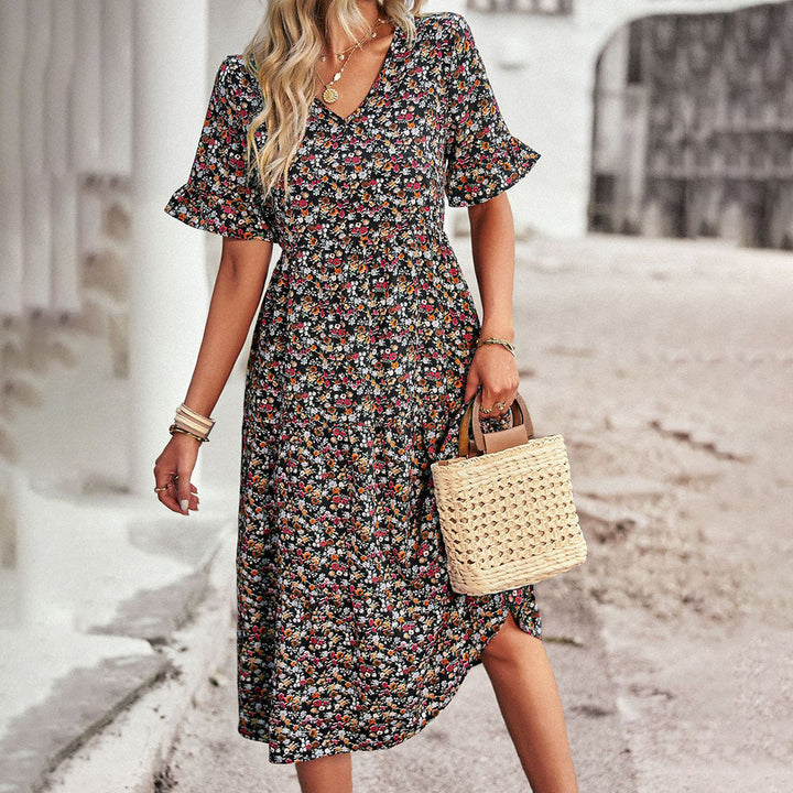 Levoire | Robe Midi D'Été Avec Manches Courtes Et Ligne A Noir
