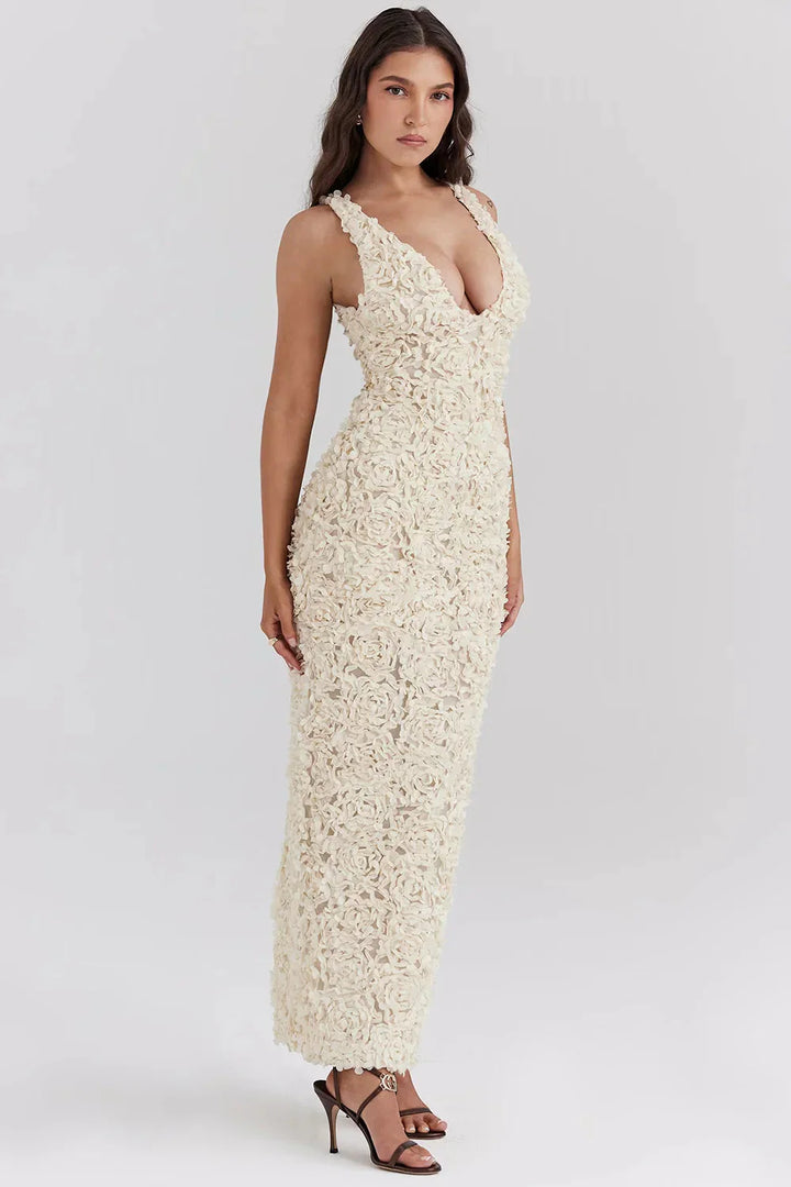 Levoire | Robe Maxi Cocktail Blanche Sans Manches À Décolleté En V
