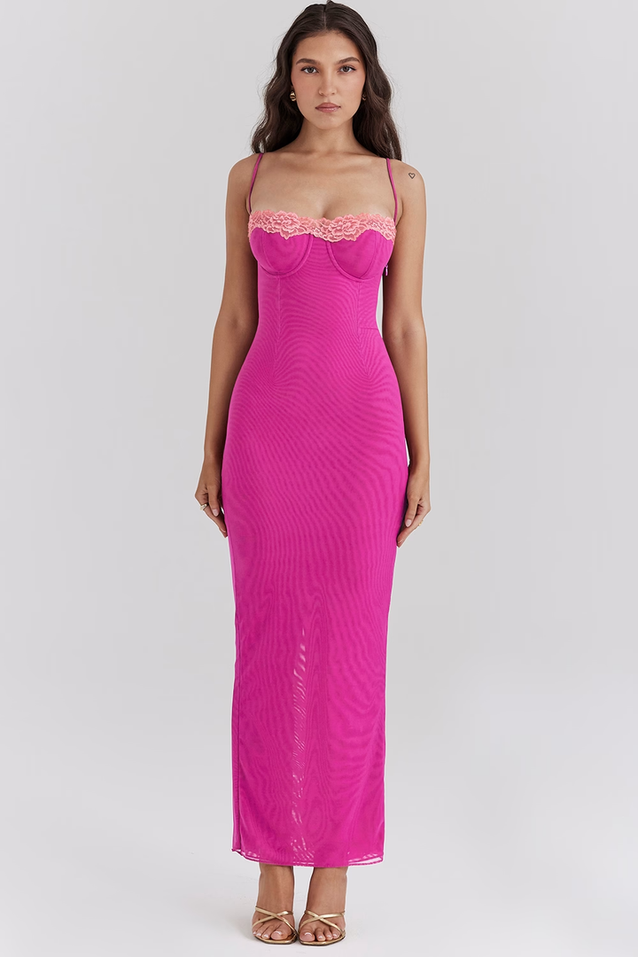 Levoire | Robe À Bretelles Spaghetti Corset Robe D'Été Robe Maxi Fuchsie