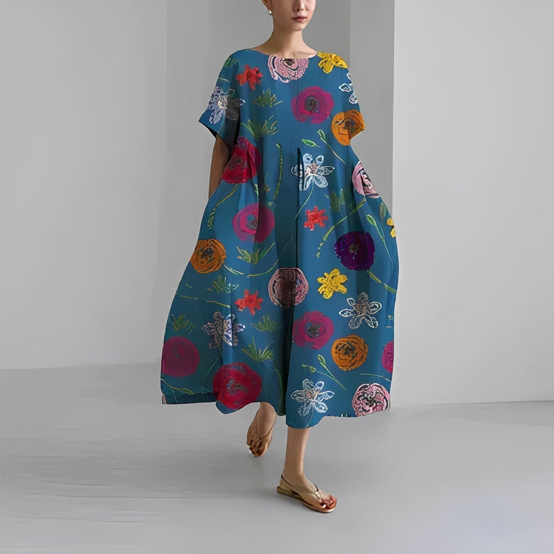 Levoire | Robe Grande Taille Modèle Ample Robe Fleurie Robe D'Été Bleu