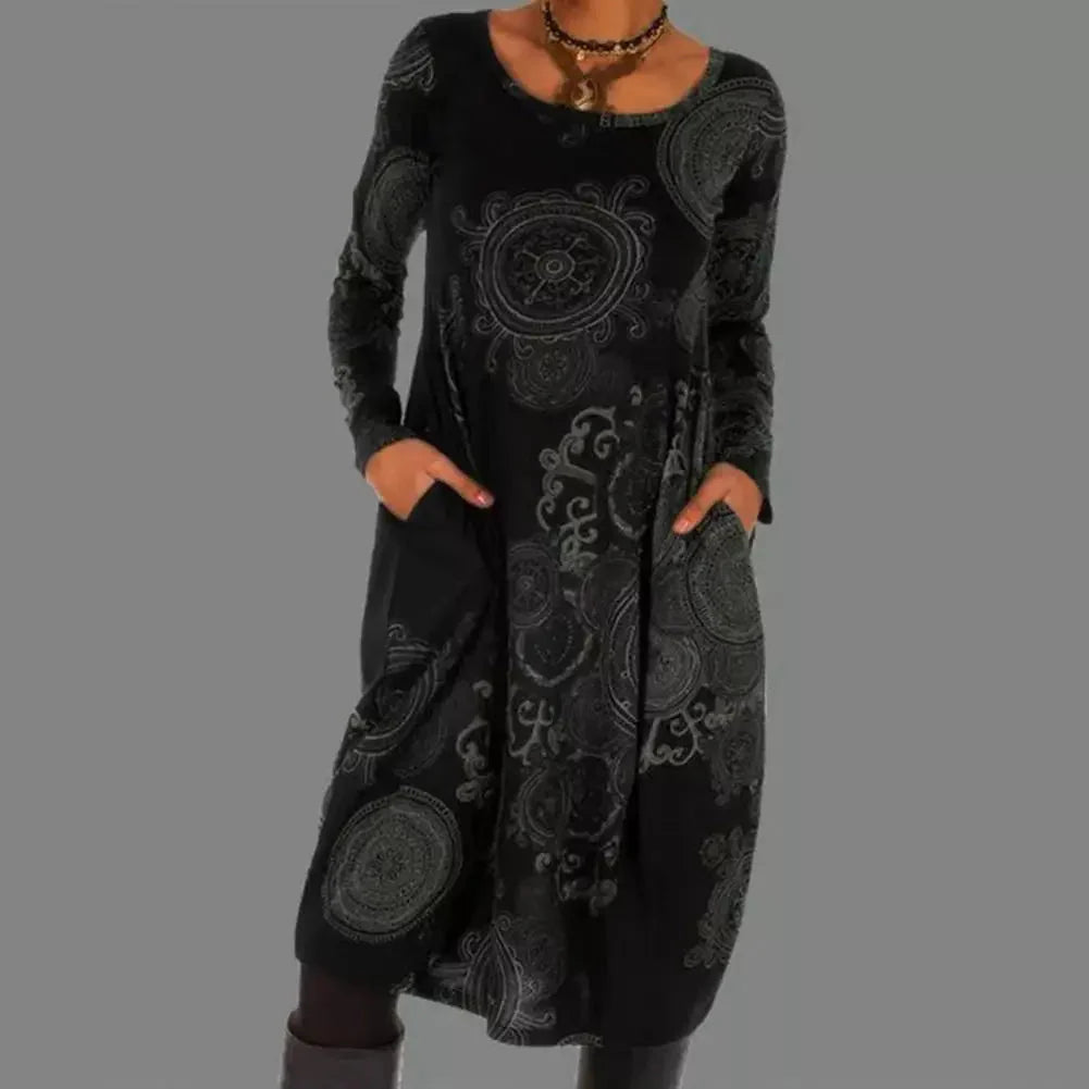 Levoire | Robe Poches Modèle Ample Midi Robe Robe Avec Manches Longues Noir