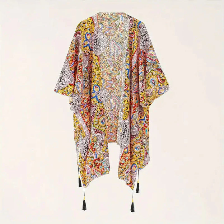 Levoire | Kimono, Imprimé Paisley, Devant Ouvert, Survêtement De Bikini, Kimono De Plage Rouge Jaune Une taille