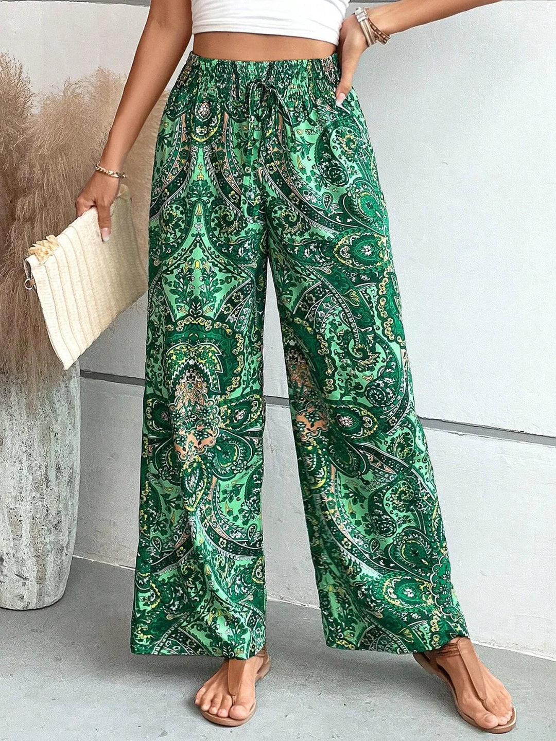 Levoire | Pantalon Palazzo Pour Femmes Taille Haute À Jambes Larges Boho Vert