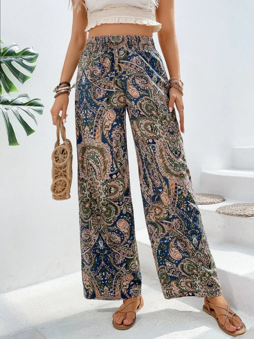 Levoire | Pantalon Palazzo Pour Femmes Taille Haute À Jambes Larges Boho Paon bleu