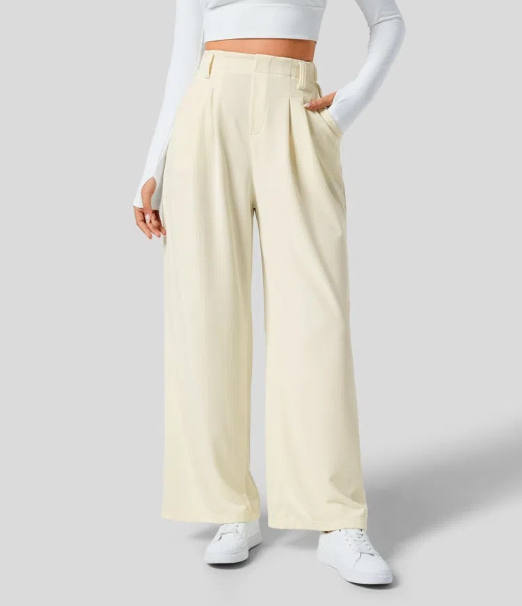 Levoire | Pantalon Femme Avec Jambes Larges, Taille Élastique Et Coupe Décontractée Crème
