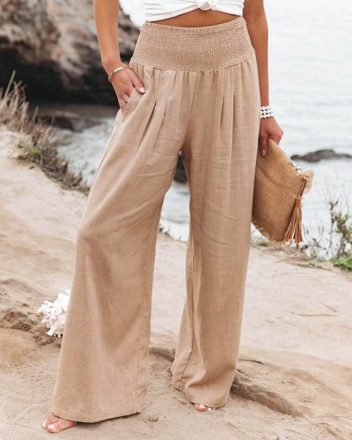 Levoire | Large Élargi Élastique Taille Coupe Ample Taille Haute Lin Khaki