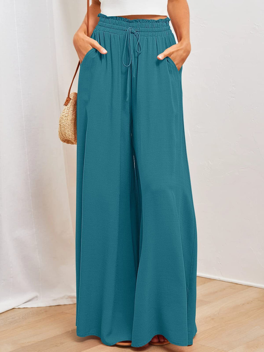 Levoire | Pantalon D'Été À Taille Élastique, Coupe Décontractée Et Jambes Évasées Pfau-bleu
