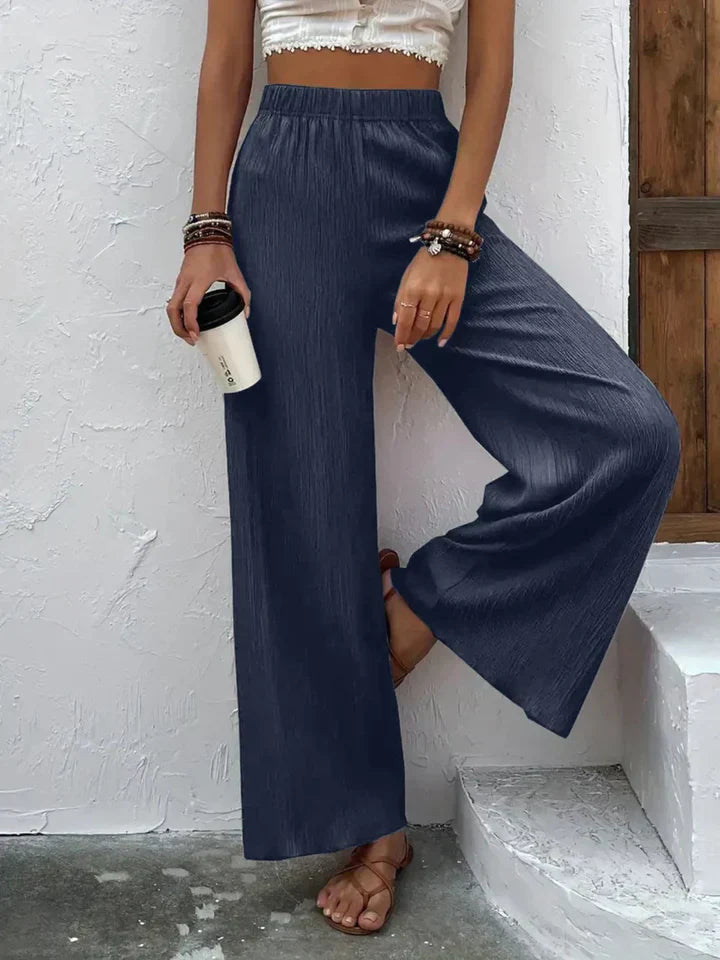 Levoire | Pantalon Palazzo Femmes Taille Haute Élastique Jambes Larges Bleu marin