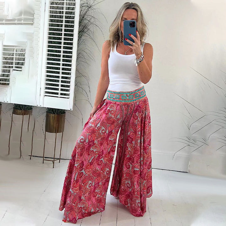 Levoire | Large Jambe Motif Paisley Fluide Boho Pantalon D'Été Femme Rot