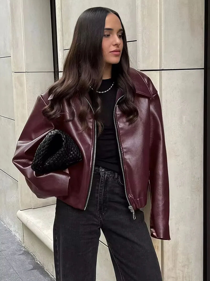 Levoire | Veste En Cuir Grande Taille Avec Fermeture Éclair Style Bomber Pour Femmes L