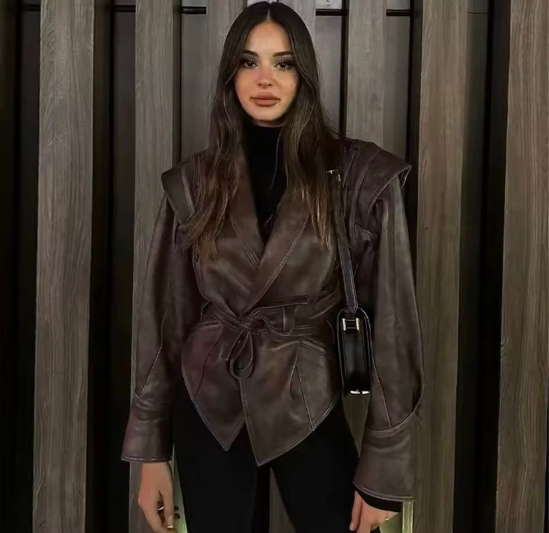 Levoire | Blouson En Cuir Marron Foncé Avec Détails À Lacets Et Ceinture À Nouer