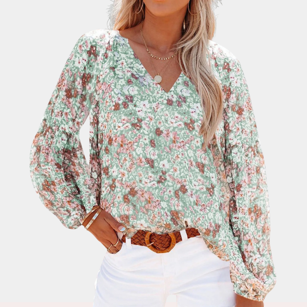 Levoire | Blouse À Col En V À Fleurs Avec Manches Longues Pour Femmes Vert