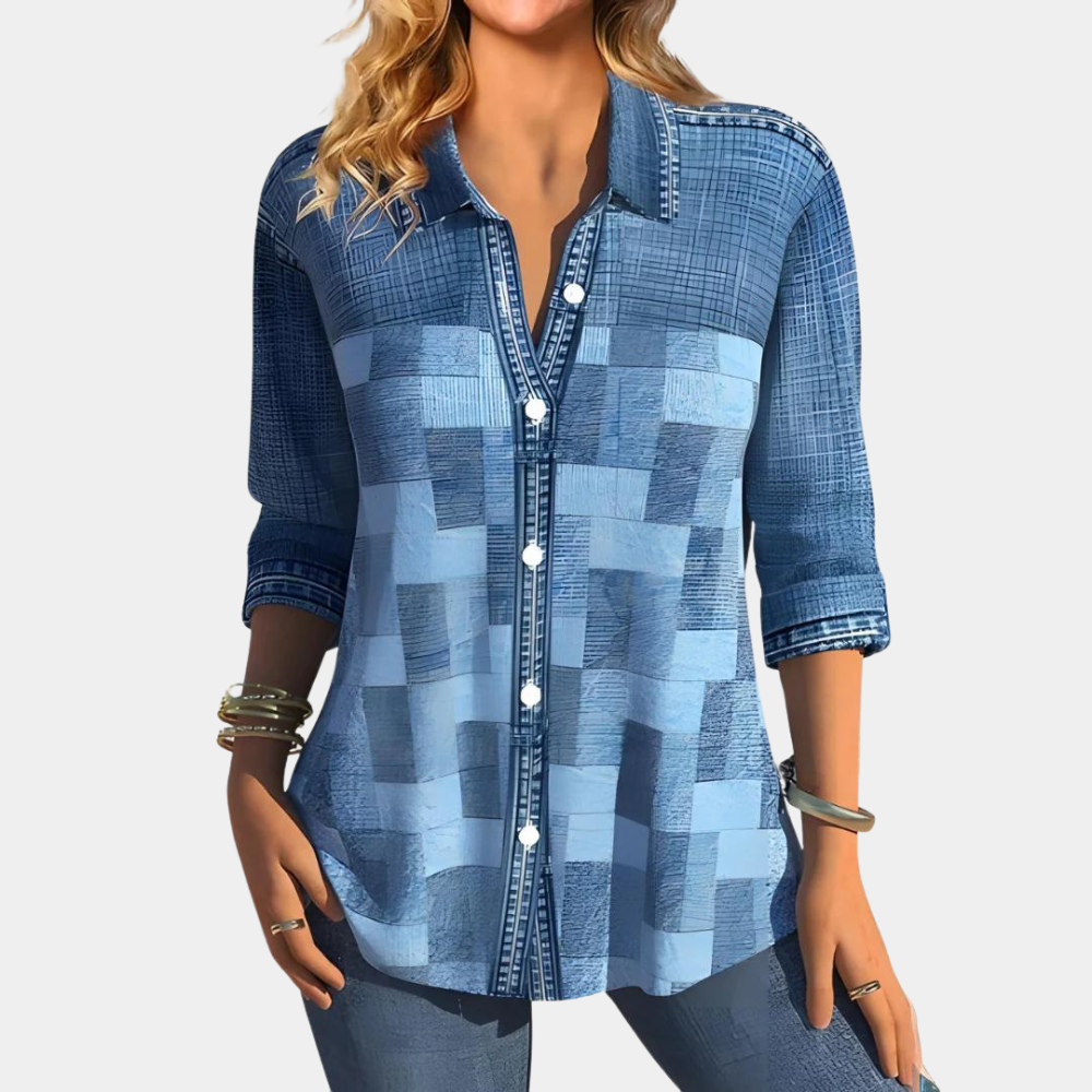 Levoire | Chemise Patchwork Décontractée À Boutons Pour Femmes Bleu