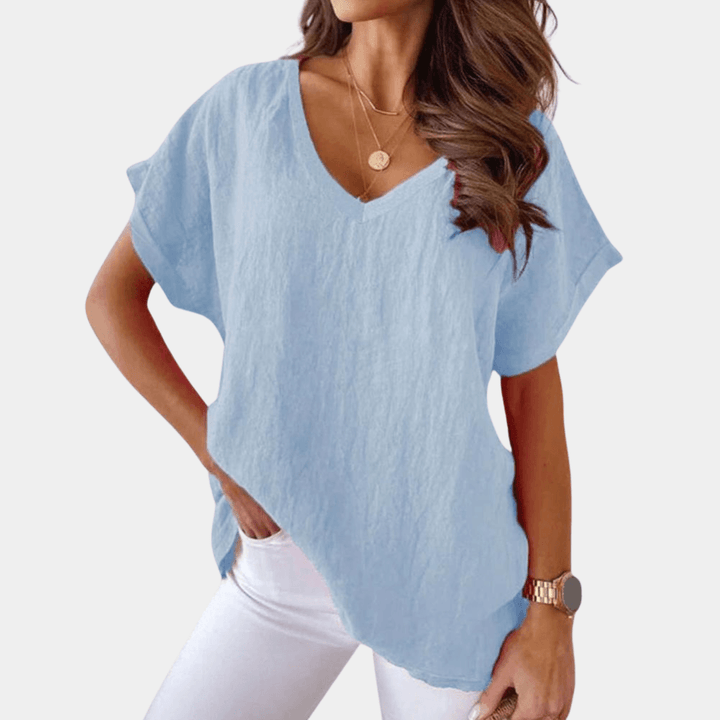 Levoire | Blouse Élégante À Col V En Coton Et Lin Bleu