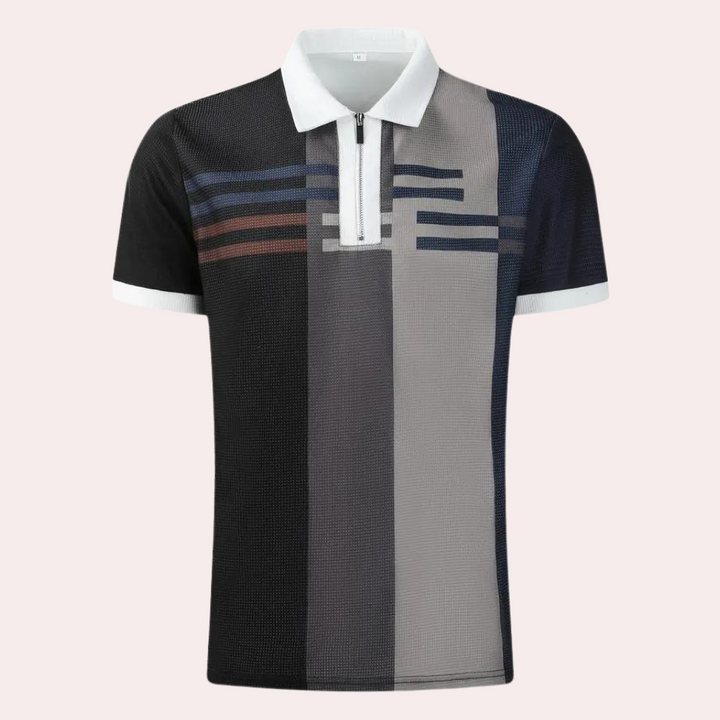 Levoire | Polo À Rayures Stylé Avec Manches Courtes Et Fermeture Éclair Pour Hommes Noir