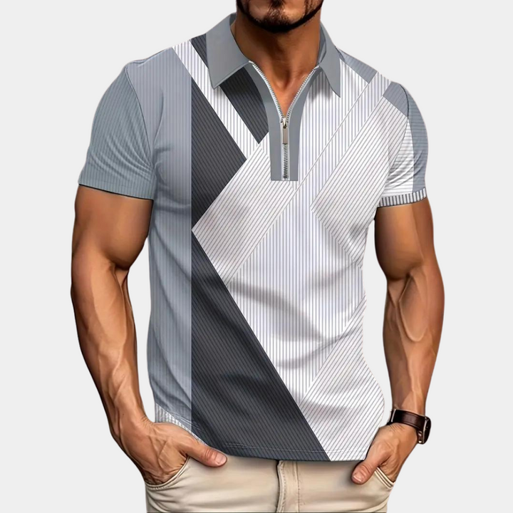 Levoire | Polo À Rayures Élégantes Avec Manches Courtes Et Fermeture Éclair Pour Hommes Gris