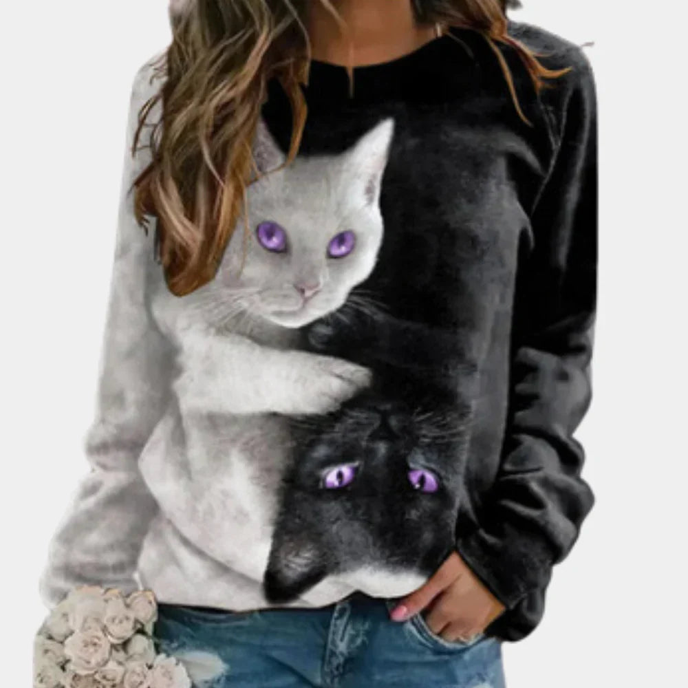 Levoire | T-Shirt Confortable Avec Impression De Chat Pour Femmes Gris
