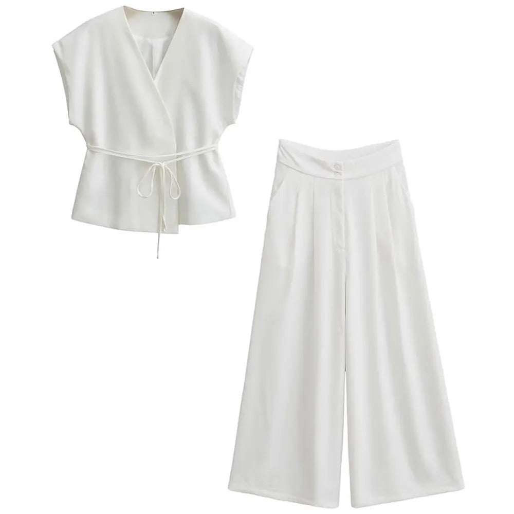 Levoire | Élégance Top Enroulé & Pantalon Ample Satz Blanc