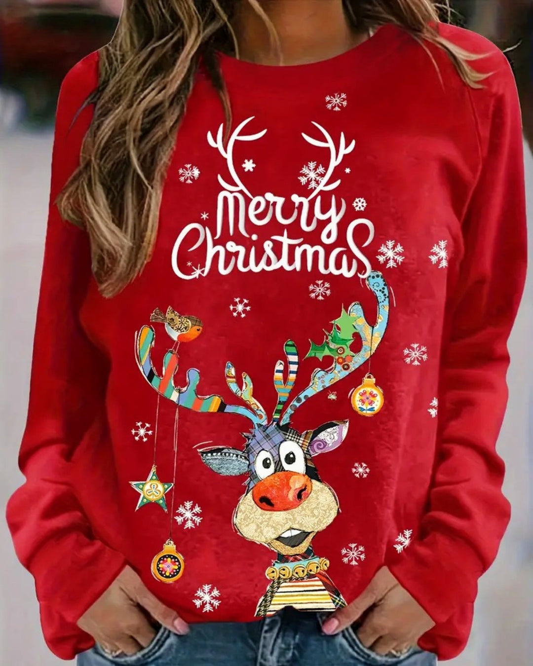 Levoire | Pull De Noël Pour Femmes Avec Encolure Ronde Et Impression D'Élan Rot