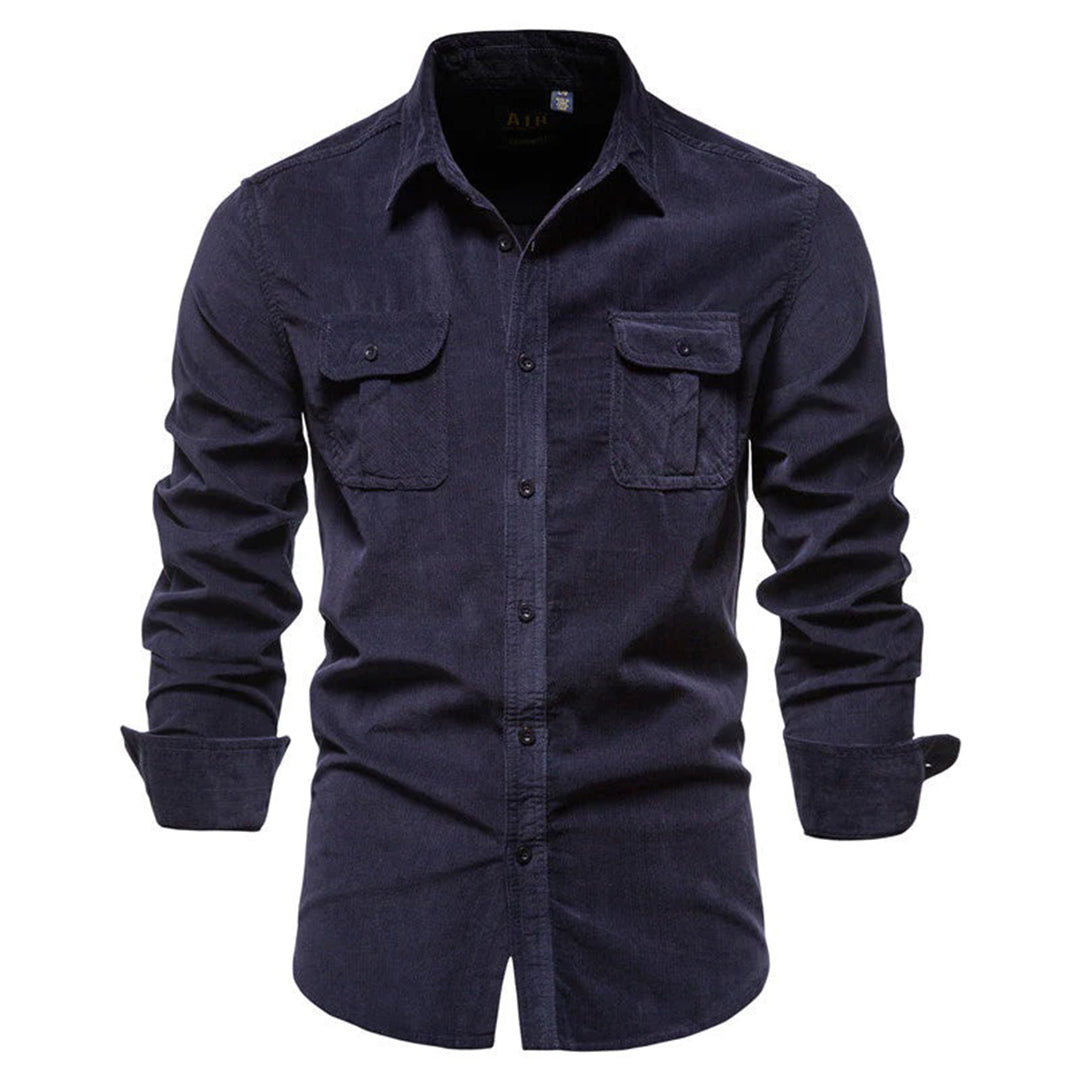 Levoire | Chemise En Velours Côtelé Pour Hommes Avec Fermeture À Bouton Bleu