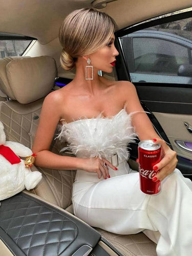 Levoire | Combinaison Tube À Coupe Droite Bustier Avec Plumes Élégante Femme Blanc