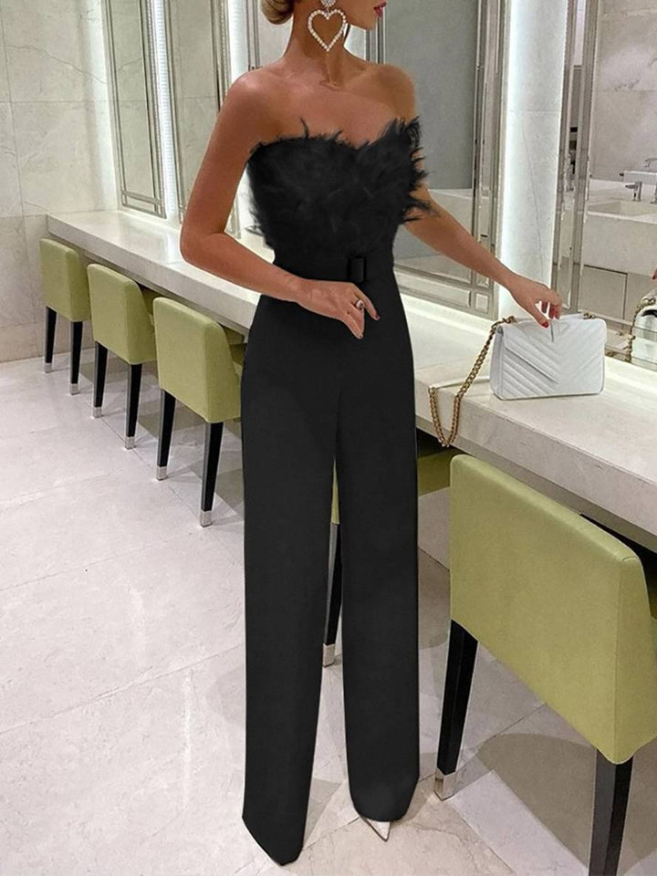 Levoire | Combinaison Tube À Coupe Droite Bustier Avec Plumes Élégante Femme Blanc Noir