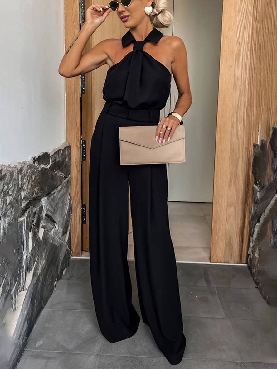 Levoire | Pantalons Larges Combinaisons Col De Chemise Évasé Découpes Poches Sans Manches Femme Décontracté Casual Noir