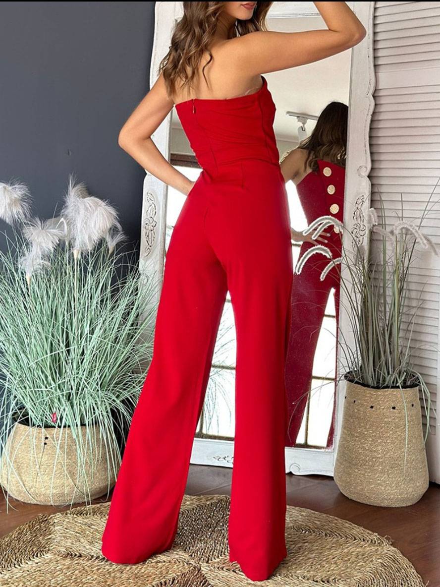 Levoire | Pantalon Salopette Évasé Uni Sans Bretelles À Fermeture À Boutons Sans Manches Pour Femmes Élégant Décontracté