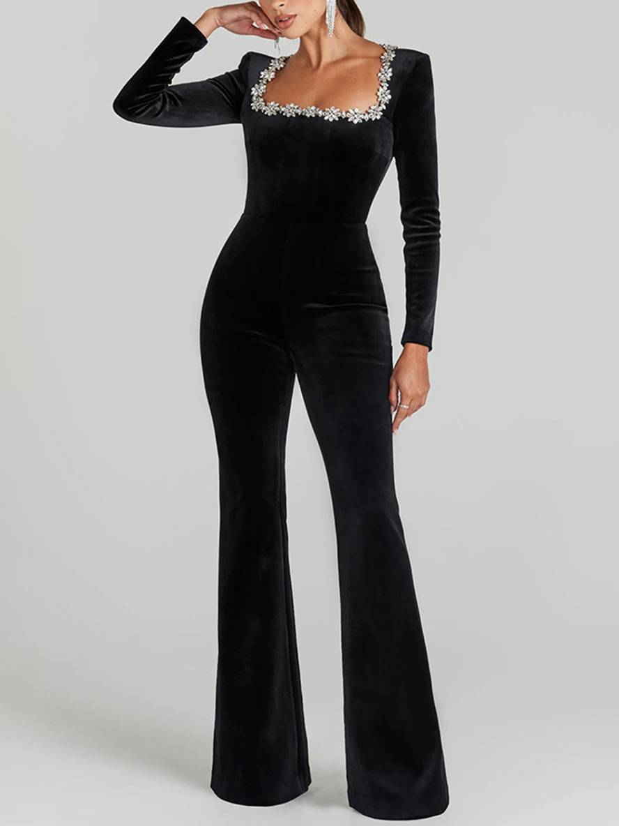 Levoire | Combinaison En Velours Évasée Col Carré Manches Longues Fitness Slim Femmes Élégant Loisirs Occasion