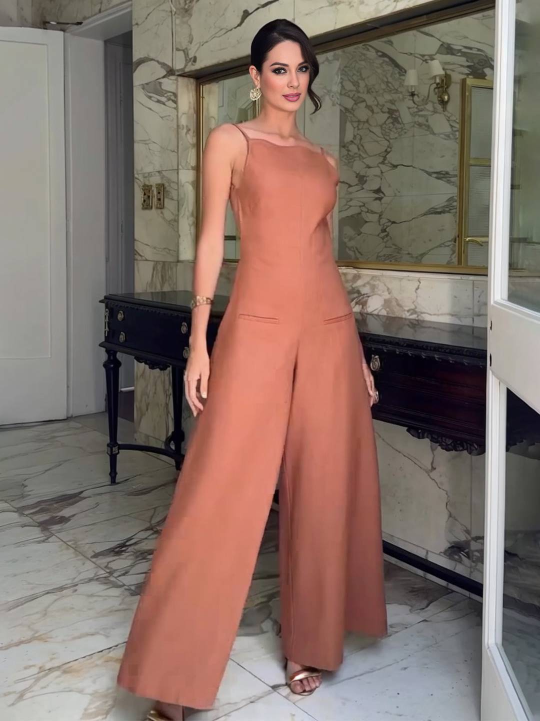 Levoire | Pantalons En Lin Larges Avec Bretelles Spaghetti Sans Manches Élégant Style Décontracté Vacances Pour Femmes Caramel