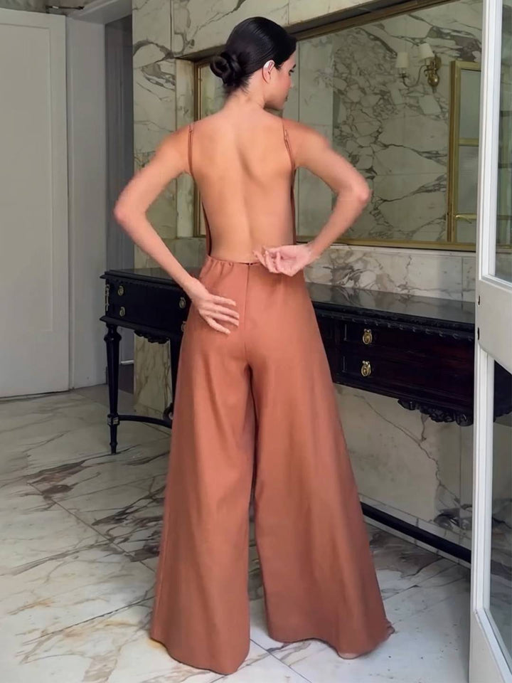 Levoire | Pantalons En Lin Larges Avec Bretelles Spaghetti Sans Manches Élégant Style Décontracté Vacances Pour Femmes
