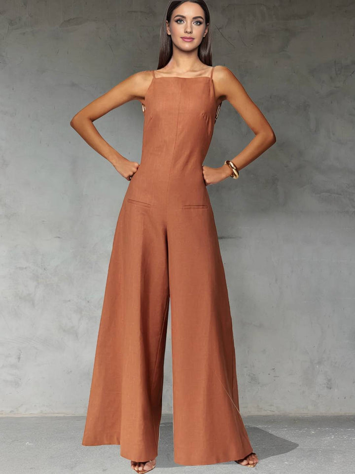 Levoire | Pantalons En Lin Larges Avec Bretelles Spaghetti Sans Manches Élégant Style Décontracté Vacances Pour Femmes