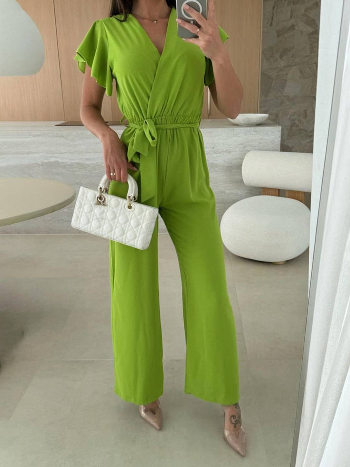 Levoire | Robe Ample Unie Avec Décolleté En V, Ceinture Nouée, Superposée, Pour Femmes Décontractée Vert